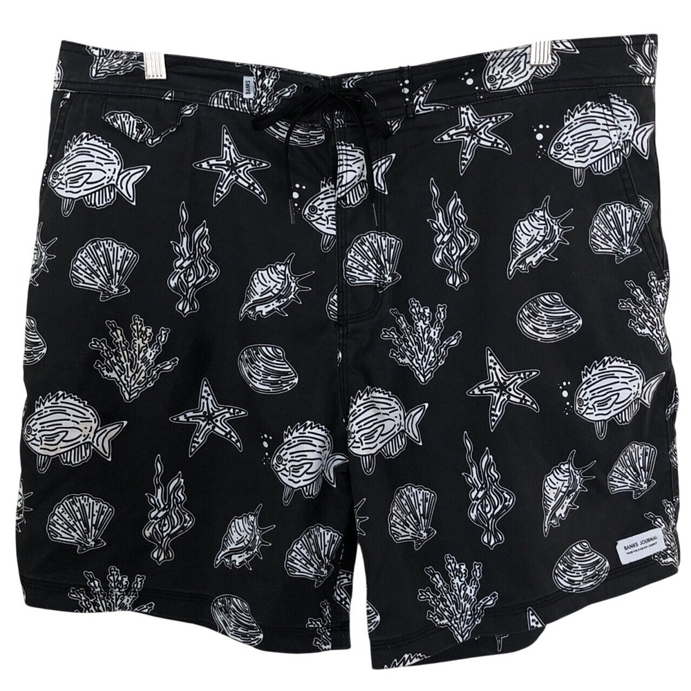 Banks Journal Mens Nautical‎ Fish Shell Print Board Shorts Black White Size 38